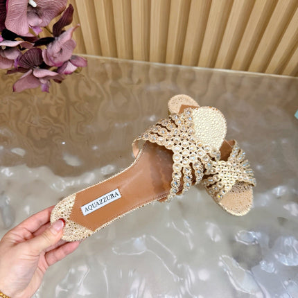 AQUAZZURA 26S SLIDES IN LIGHT GOLD EMBOSSED LEATHER 