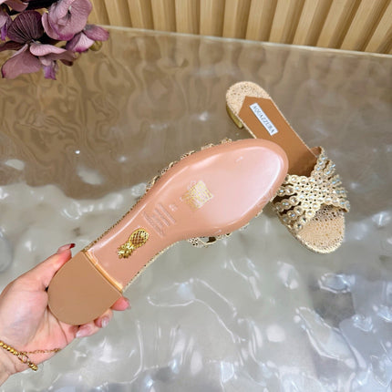 AQUAZZURA 26S SLIDES IN LIGHT GOLD EMBOSSED LEATHER 