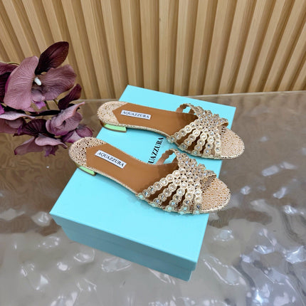 AQUAZZURA 26S SLIDES IN LIGHT GOLD EMBOSSED LEATHER 