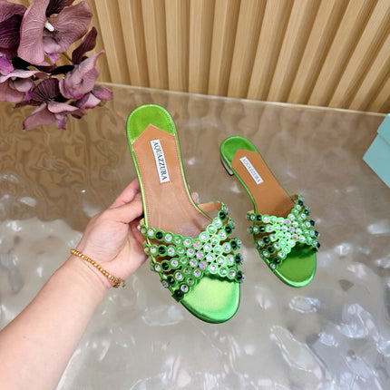 AQUAZZURA 26S SLIDES IN GREEN LAMBSKIN CRYSTAL EMBELLISHED