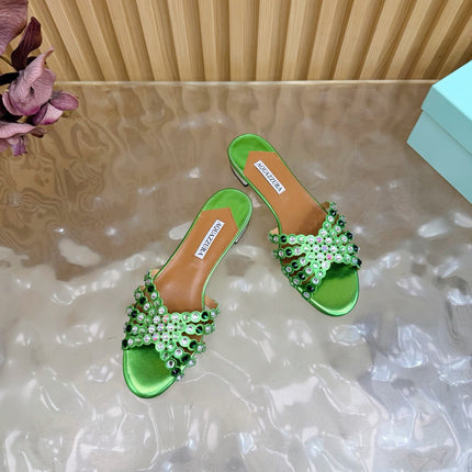 AQUAZZURA 26S SLIDES IN GREEN LAMBSKIN CRYSTAL EMBELLISHED