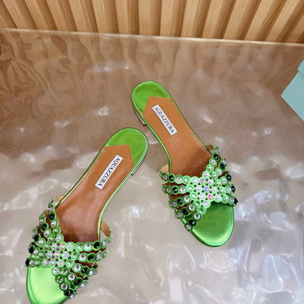 AQUAZZURA 26S SLIDES IN GREEN LAMBSKIN CRYSTAL EMBELLISHED
