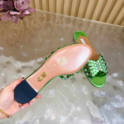AQUAZZURA 26S SLIDES IN GREEN LAMBSKIN CRYSTAL EMBELLISHED