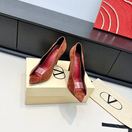 VALENTINO 26S PEEP-TOE HIGH HEELS 100 MM IN BRICK BROWN SUEDE