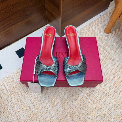 VALENTINO 26S BLOCK-HEEL SANDALS 65 MM IN METALLIC BLUE CALFSKIN
