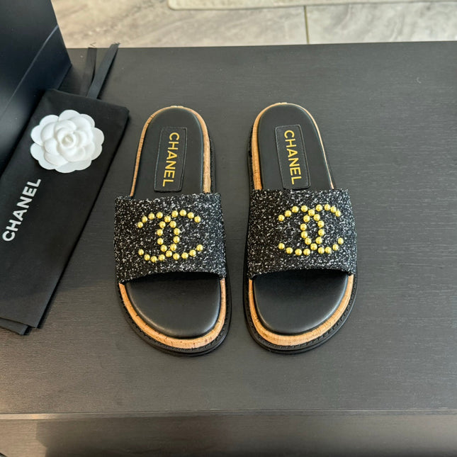 Double C Wood Grain Platform Slippers Black Wool