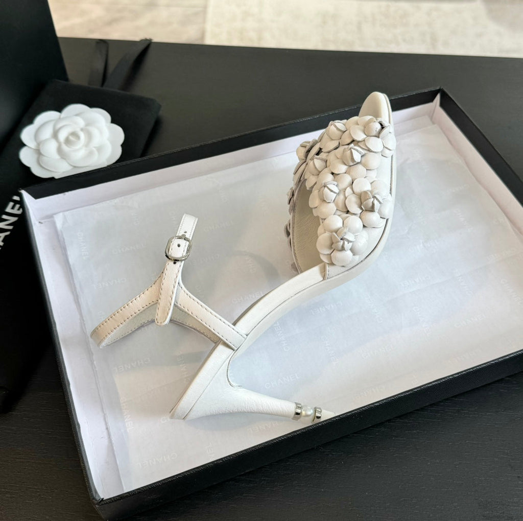 CC Little Camellia World Thin High Sandals White Lambskin