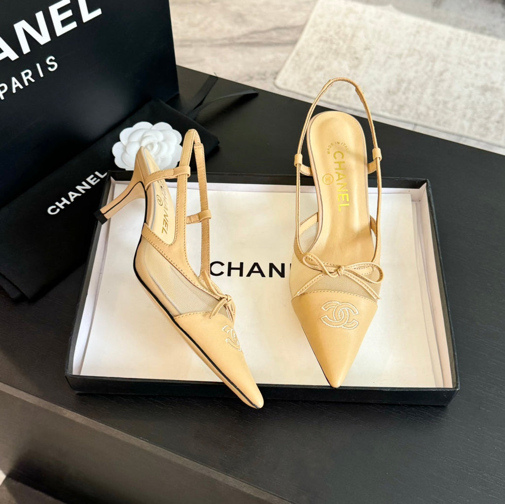 MESH LOGO SLINGBACKS IN BEIGE LAMBSKIN