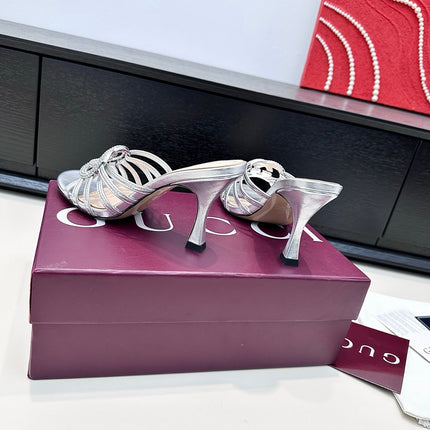 GUCCI 26S HEELED SANDALS 85 MM IN SILVER CALFSKIN WITH CRYSTAL