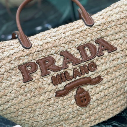 LARGE TOTE BAG 56 IN BEIGE RAFFIA GRASS AND BROWN CALFSKIN TRIM