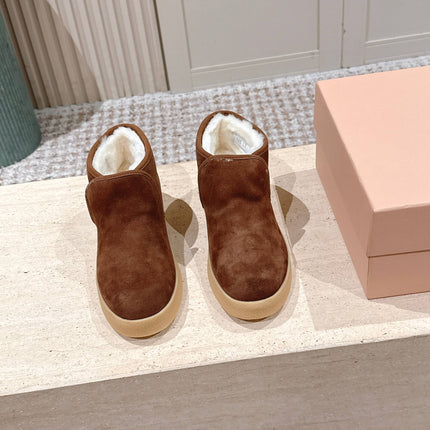 MIUMIU 25S SLIP-ON BOOTIES IN DARK BROWN SUEDE WITH FAUX SHEARLING
