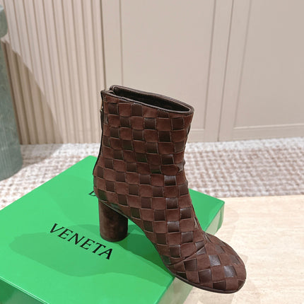 BOTTEGA VENETA 26S INTRECCIATO BOOTS 85 MM IN DARK BROWN SUEDE AND LAMBSKIN