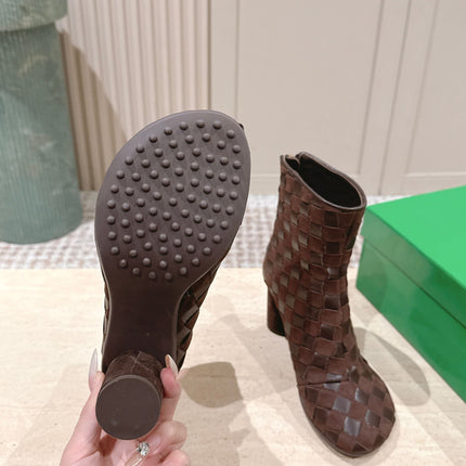 BOTTEGA VENETA 26S INTRECCIATO BOOTS 85 MM IN DARK BROWN SUEDE AND LAMBSKIN