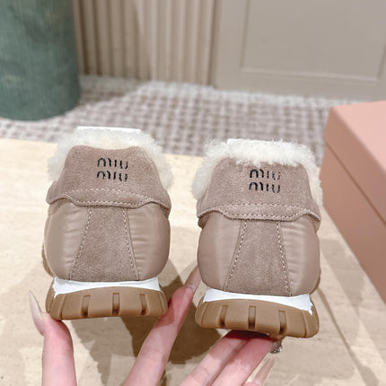MIUMIU 25S SNEAKERS IN DARK ROSE TYRE TECHNICAL FABRIC AND SUEDE SHEARLING