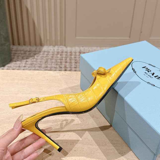 PRADA 26S POINTED-TOE SLINGBACK HEELS 85MM IN GOLDEN YELLOW CROC-EMBOSSED CALFSKIN