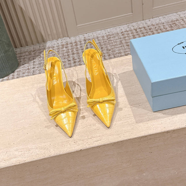 PRADA 26S POINTED-TOE SLINGBACK HEELS 85MM IN GOLDEN YELLOW CROC-EMBOSSED CALFSKIN