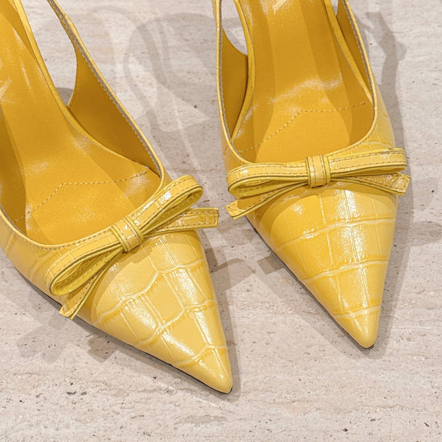 PRADA 26S POINTED-TOE SLINGBACK HEELS 85MM IN GOLDEN YELLOW CROC-EMBOSSED CALFSKIN