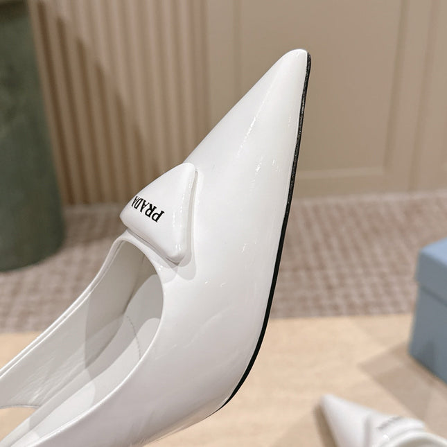 PRADA 26S POINTED-TOE SLINGBACK HEELS 75MM IN WHITE PATENT CALFSKIN