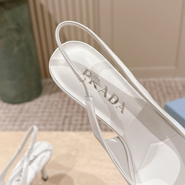 PRADA 26S POINTED-TOE SLINGBACK HEELS 75MM IN WHITE PATENT CALFSKIN