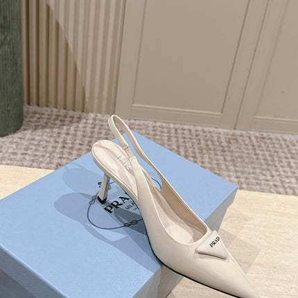 PRADA 26S POINTED-TOE SLINGBACK HEELS 75MM IN LIGHT BEIGE PATENT CALFSKIN