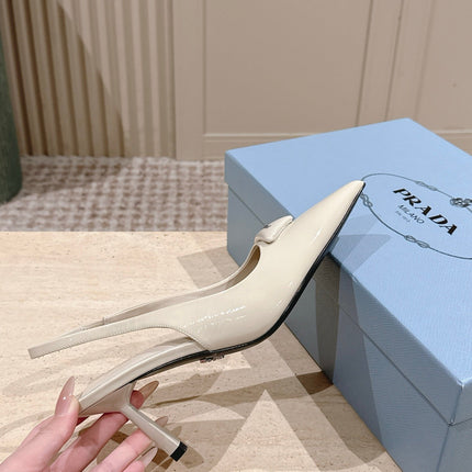 PRADA 26S POINTED-TOE SLINGBACK HEELS 75MM IN LIGHT BEIGE PATENT CALFSKIN