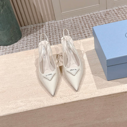 PRADA 26S POINTED-TOE SLINGBACK HEELS 75MM IN LIGHT BEIGE PATENT CALFSKIN