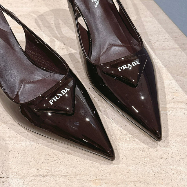 PRADA 26S POINTED-TOE SLINGBACK HEELS 75MM IN DARK BROWN PATENT CALFSKIN
