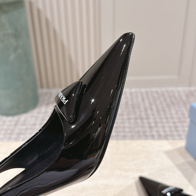PRADA 26S POINTED-TOE SLINGBACK HEELS 75MM IN BLACK PATENT CALFSKIN