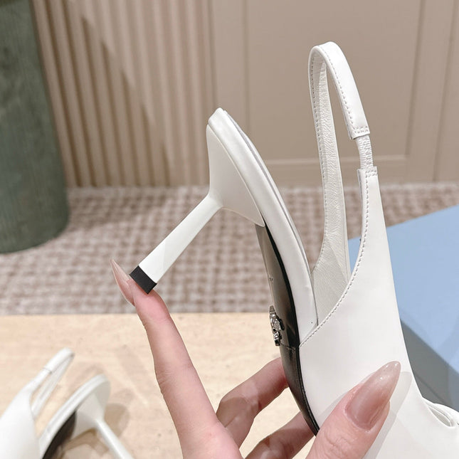 PRADA 26S POINTED-TOE SLINGBACK HEELS 75MM IN WHITE SHINY CALFSKIN