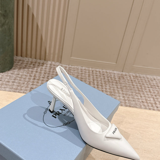 PRADA 26S POINTED-TOE SLINGBACK HEELS 75MM IN WHITE SHINY CALFSKIN