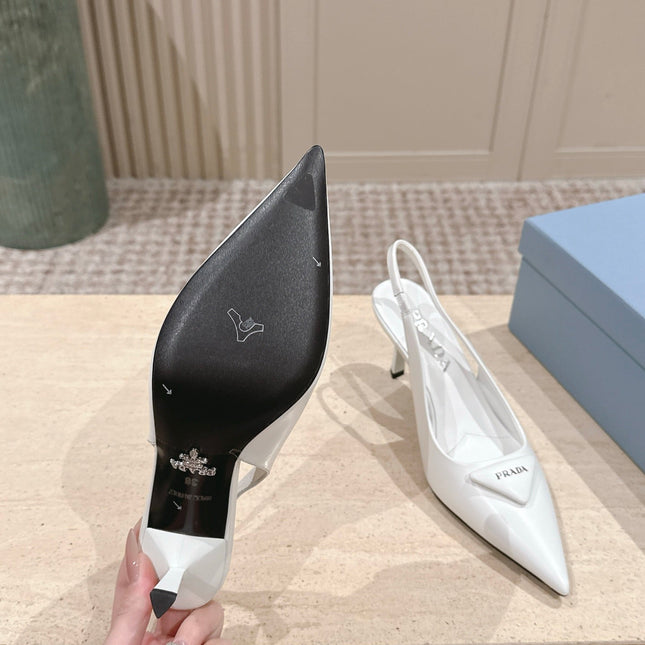 PRADA 26S POINTED-TOE SLINGBACK HEELS 75MM IN WHITE SHINY CALFSKIN