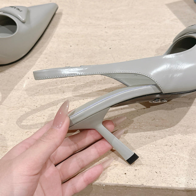 PRADA 26S POINTED-TOE SLINGBACK HEELS 75MM IN SOFT GRAY SHINY CALFSKIN