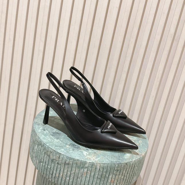 PRADA 26S POINTED-TOE SLINGBACK HEELS 75MM IN BLACK SHINY CALFSKIN