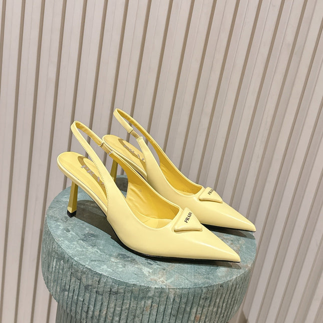 PRADA 26S POINTED-TOE SLINGBACK HEELS 75MM IN PASTEL YELLOW SHINY CALFSKIN