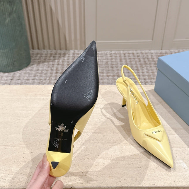 PRADA 26S POINTED-TOE SLINGBACK HEELS 75MM IN PASTEL YELLOW SHINY CALFSKIN