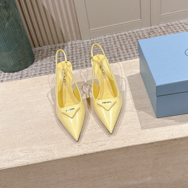 PRADA 26S POINTED-TOE SLINGBACK HEELS 75MM IN PASTEL YELLOW SHINY CALFSKIN