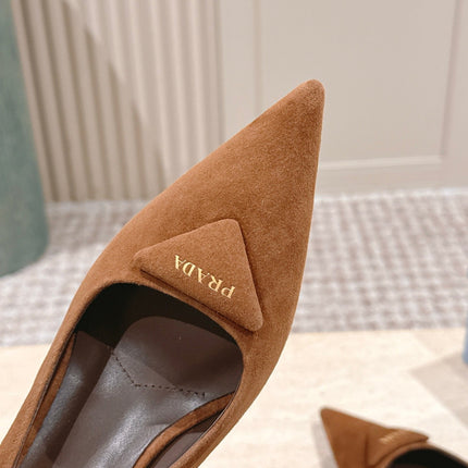 PRADA 26S POINTED-TOE SLINGBACK HEELS 75MM IN CARAMEL BROWN SUEDE WITH LOGO