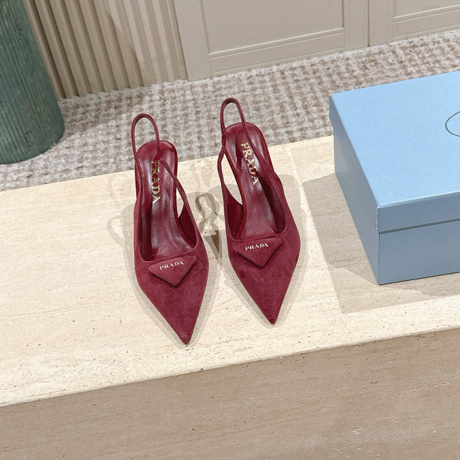 PRADA 26S POINTED-TOE SLINGBACK HEELS 75MM IN DARK RED SUEDE WITH LOGO