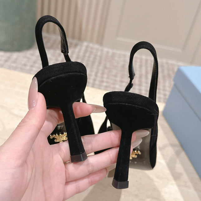 PRADA 26S POINTED-TOE SLINGBACK HEELS 75MM IN BLACK SUEDE WITH LOGO