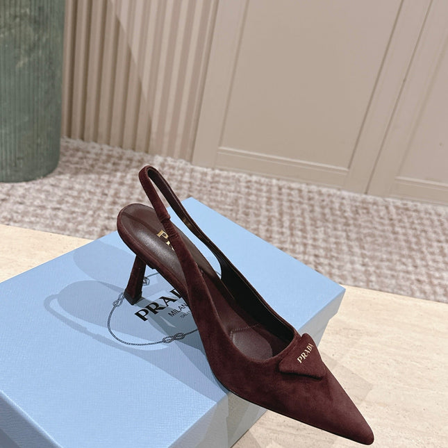 PRADA 26S POINTED-TOE SLINGBACK HEELS 75MM IN BURGUNDY BROWN SUEDE WITH LOGO