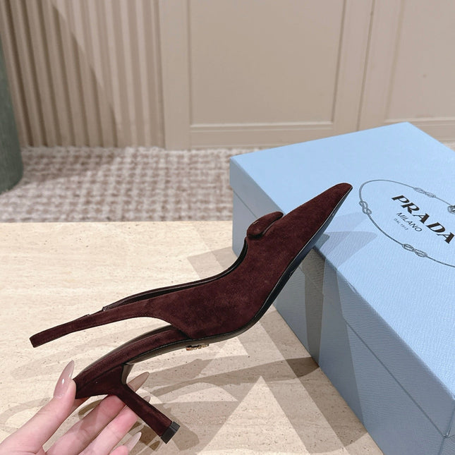 PRADA 26S POINTED-TOE SLINGBACK HEELS 75MM IN BURGUNDY BROWN SUEDE WITH LOGO