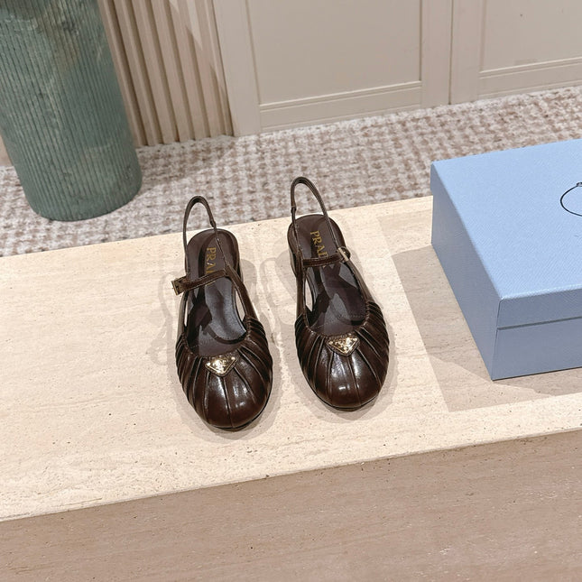PRADA 26S SLINGBACK SANDALS 40MM IN DARK BROWN CALFSKIN WITH LOGO