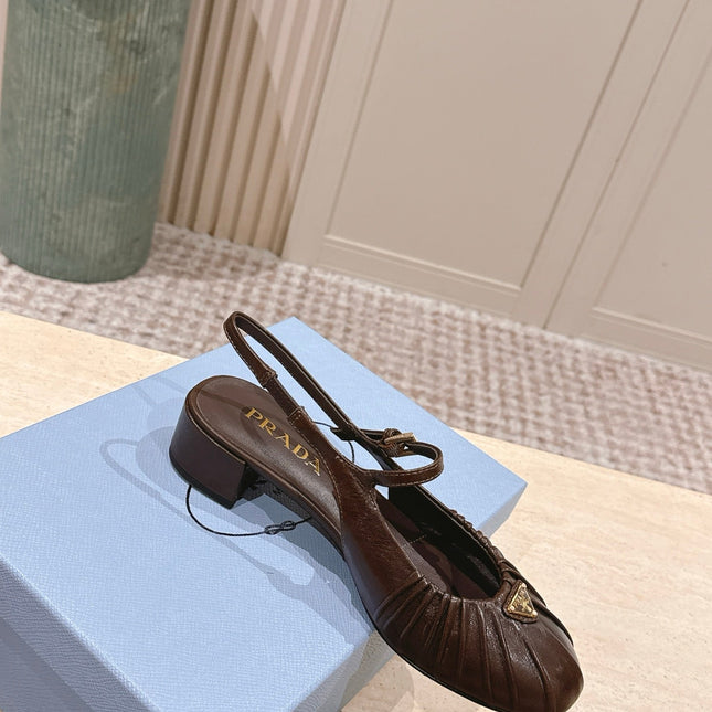 PRADA 26S SLINGBACK SANDALS 40MM IN DARK BROWN CALFSKIN WITH LOGO