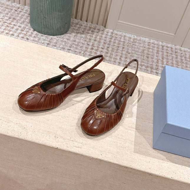 PRADA 26S SLINGBACK SANDALS 40MM IN CARAMEL BROWN CALFSKIN WITH LOGO