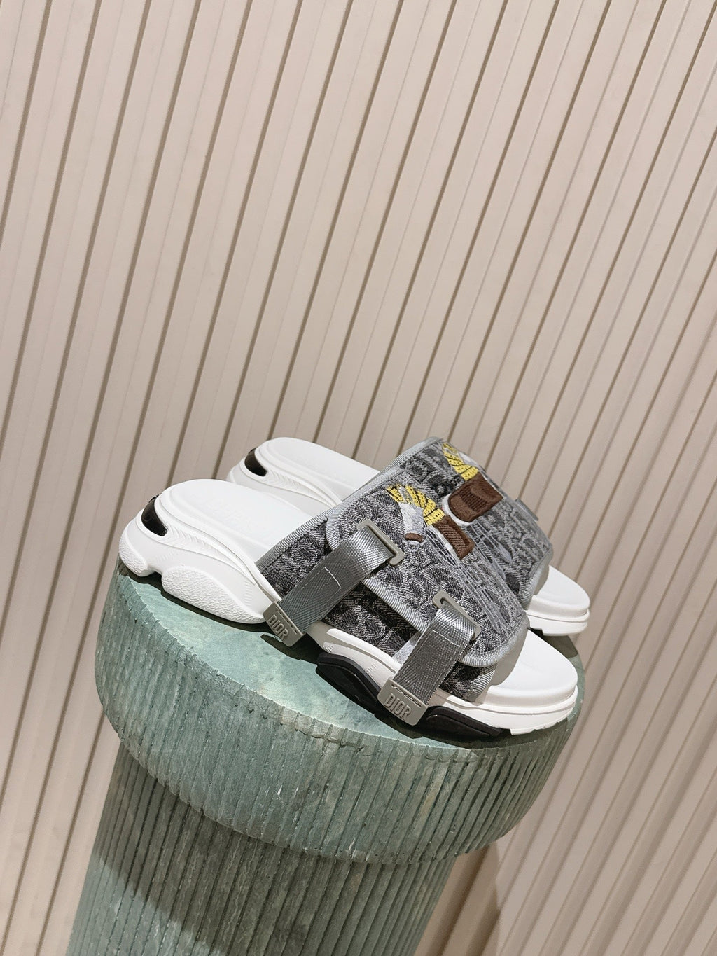 DIOR 26S DOUBLE STRAP SLIDE SANDALS IN GREY MONOGRAM CANVAS