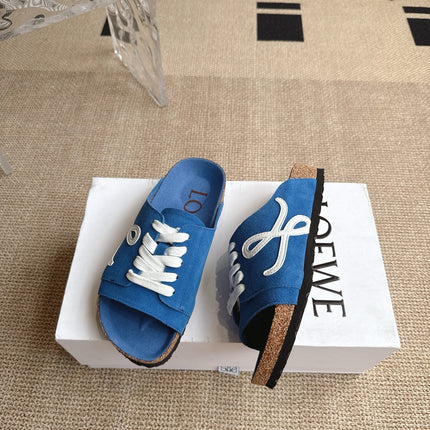 LOEWE 26S LACE-UP FLAT SLIDES IN BLUE SUEDE