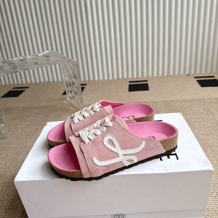 LOEWE 26S LACE-UP FLAT SLIDES IN PINK SUEDE