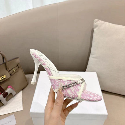 DIOR 26S KITTEN HEEL SLIDE SANDALS 85MM IN PINK MONOGRAM CANVAS CALFSKIN CHAIN STRAP