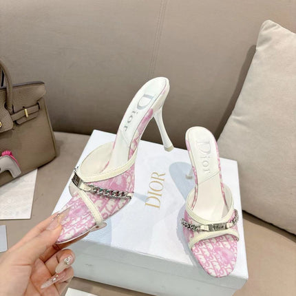 DIOR 26S KITTEN HEEL SLIDE SANDALS 85MM IN PINK MONOGRAM CANVAS CALFSKIN CHAIN STRAP