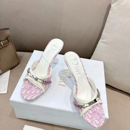 DIOR 26S KITTEN HEEL SLIDE SANDALS 85MM IN PINK MONOGRAM CANVAS CALFSKIN CHAIN STRAP